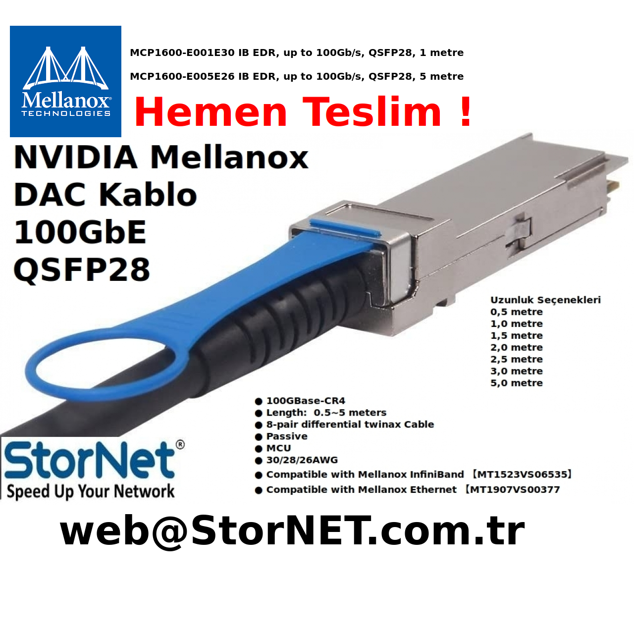 NVIDIA mellanox MCP1600-E001E30 DAC Cable IB EDR up to 100Gb/s QSFP28 1 metre